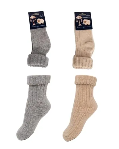 HomeOfSocks Baby Wollsocken 19-22 Merino Kaschmir – 2er Pack Grau Beige - Ideal für Kleinkinder ab 6-12 Monaten: Weiche Wollsocken aus Merino und Kaschmir für höchsten Komfort. Mit flexiblem Umschlagbund für sicheren Sitz und optimalen Tragekomfort.
