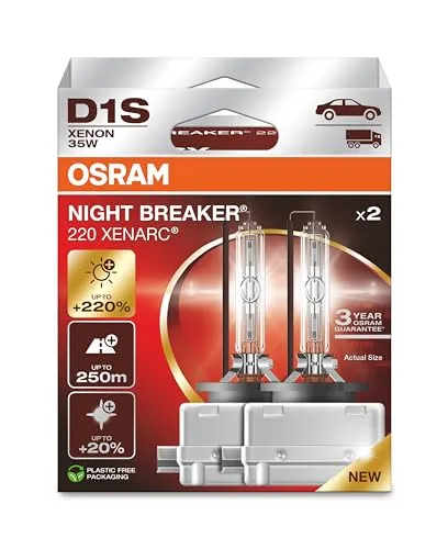 OSRAM Xenarc Night Breaker D1S Auto-Lampe 66140XN2-2HB - ECE-zertifizierte Xenon-Scheinwerferlampe mit bis zu 220% mehr Helligkeit und 250 m Lichtkegel, ideal für sicheres Fahren bei Nacht.