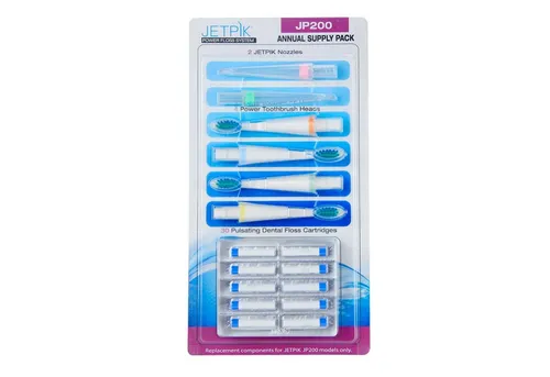 JETPIK JP 200 Jahresvorratspackung - Zahnseiden-Set für JETPIK 200 und 210 Series, inklusive 4 Ersatzzahnbürsten, 30 Zahnseidepatronen und 2 Düsenaufsätzen für umfassende Mundpflege.