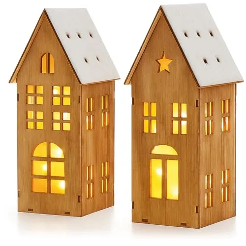 com-four® 2x beleuchtetes Holzhäuschen mit LED-Lichtern und Timer (6h an/18h aus) - Weihnachtsdekoration für Tisch oder Fensterbank - winterliche Holzdeko [Auswahl variiert] (2x Holzhaus)