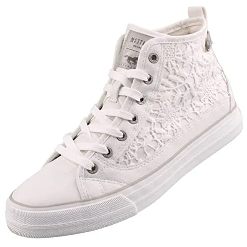 Mustang Damen High-Top Sneaker Weiß, Schuhgröße:EUR 39 - Damen-Sneaker aus Kunstleder mit stylischem Häkeleinsatz, ideal für modische Looks und hohen Tragekomfort.