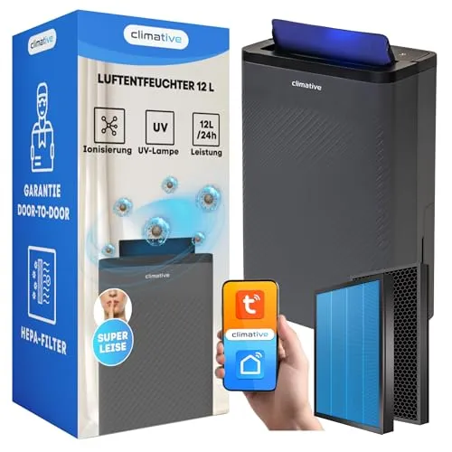 Climative Luftentfeuchter Elektrisch 12L/24h mit HEPA H10 Filter & Aktivkohle, WiFi Smart Home Air Purifier Nexi ION UV Raumentfeuchter für Zuhause, Wohnung, Badezimmer & Wohnzimmer bis 20 m²