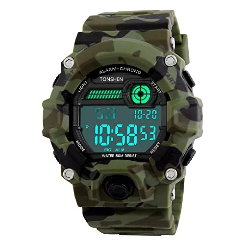 TONSHEN Digital Uhr für Männer 50M Wasserdicht Outdoor Sportuhr Stoppuhr LED Licht Militär Tactical Armbanduhr Camouflage Kautschuk Band Herren Uhr