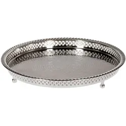 Orientalisches Messing Tablett versilbert Mahra | Marokkanisches Teetablett in Silber - Frühstückstabletts, handgefertigtes orientalisches Kunstwerk, ideal als Dekoration oder Servierteller mit einzigartigem Hammerschlag-Design und 3 Standfüßen (Ø 32 cm).
