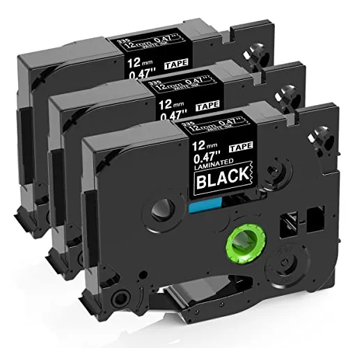 Doruimi kompatibel mit Brother P Touch Bänder TZe-335 TZe335 Weiß auf Schwarz 12mm 0.47 TZe TZ Laminiertes Schriftband, Kompatibel mit PT-H100R H110 H100LB H105 D400 D210VP H200, 12mm x 8m, 3er-Pack