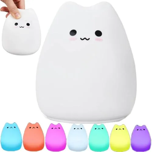 Retoo Nachtlicht Kinder mit 7 Farbwechsel LED und mit Touch Schalter, für Baby und Mädchen, Silikon Süßes Katze-Lampe für Kinderzimmer, Babyzimmer, Schlafzimmer und Wohnräum, Geschenk, Weiß
