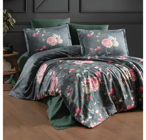 yadetextil Bettwäsche Satin Bettwäsche 240x220 cm – 5-teiliges Set, Alfon, Satin, 5 teilig, in Dunkelgrün Blumenmotiven,Rosa,Rot,Beige