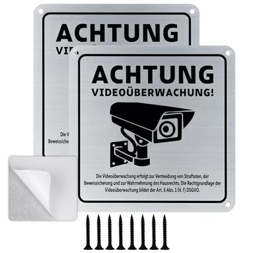 Achtung Videoüberwachung Schild Privatgrundstück mit DSGVO Hinweis, 15x15cm 100% Alu,Warnschild Kamera überwachung, Selbstklebend und 4 Bohrlöcher, Warnschild für Innen Außen (Silber-2pcs)