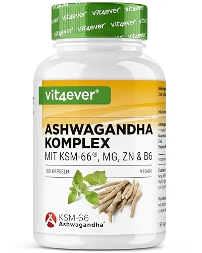 Ashwagandha KSM-66® Komplex - Hochdosiert mit Magnesium, Zink & Vitamin B6 - Hochwertiges Ashwagandha-Präparat mit 600 mg pro Tag, vegan und ohne Zusätze. Ideal für Stressbewältigung und Wohlbefinden, 180 Kapseln für 3 Monate.