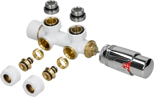 LuxeBath Badheizkörper Thermostat Anschlußgarnitur Weiß - Hochwertige Anschlussgarnitur für Heizkörper mit Mittelanschluss, frostgesichert und ideal für effiziente Heizungssteuerung in Bädern und Wohnräumen.