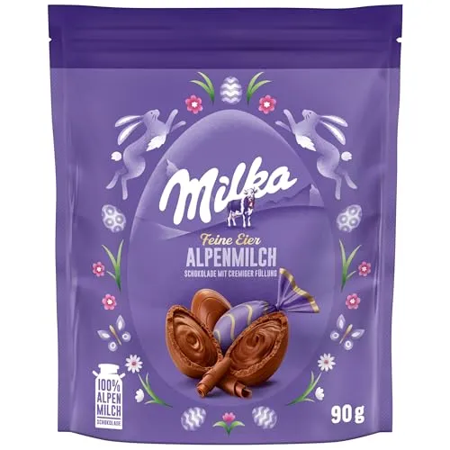 MILKA Alpenmilch Schokoladeneier 90g – Zarte Schokolade mit cremiger Füllung - Genießen Sie die MILKA Alpenmilch Schokoladeneier (90g) mit sahniger Füllung – die perfekte süße Versuchung für Ostern. Ideal zum Teilen oder Verschenken, überzeugen sie durch ihren zarten Schmelz und köstlichen Geschmack.