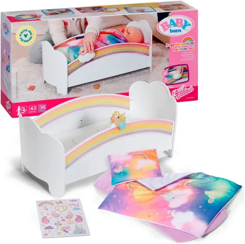 BABY born Regenbogenbett - Puppenbett mit Regenbogenlichtern und Einschlafmelodie, inklusive Wendebettwäsche und Geheimfach für kleine Schätze