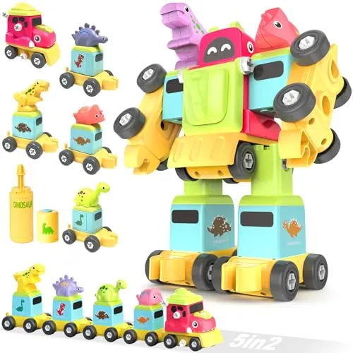 TOYABI Dinosaurier Spielzeug, 5 in 2 Rex, Spinosaurus, Triceratops Auto Switch and Go Dino Zug und Transformers Spielzeug, Jungen und Mädchen ab 3 4 5 6 Jahre