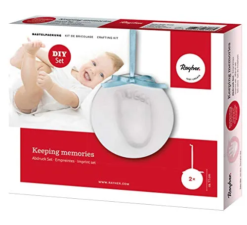 Produktbild Rayher 34444000 Abdruck-Set Babyhände und Babyfüße, ein tolles Geschenk zur Geburt, Taufe, Babyparty, Material für 2 Abdruckanhänger, Handabdruck, Fußabdruck Baby, Sortiert