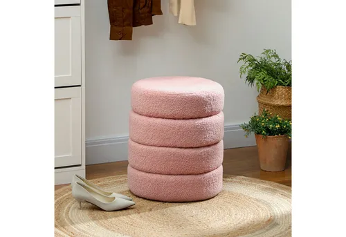 HOMCOM Runder Polsterhocker in Rosa - Stilvoller Hocker für Wohnzimmer und Schlafzimmer, mit weichem Teddy-Fleece-Bezug und hoher Tragfähigkeit von 120 kg – ideal als Sitzgelegenheit oder Fußstütze.