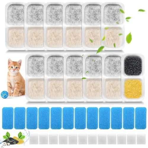 Packung Katzenbrunnen Filter Kompatibel mit Oneisall PWF-001 2L Katzenbrunnen Edelstahl, inkl. 12 Stück Filter Trinkbrunnen Katzen & 12 Vorgefilterter Schwämme & 12 Schwämme für Pumpe 12