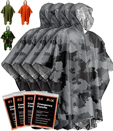 PREPARED4X Notfalldecken & Regenponcho Hybrid Survival Gear and Equipment,Robuste,speichert 90% der Wärme + reflektierende Seite für erhöhte Sichtbarkeit,4er Pack (Camo)
