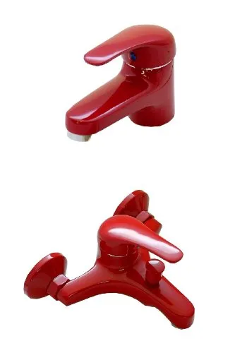 Rotfarbene Waschtisch- und Badewannenarmatur - Hochwertige Armaturen mit einhand Mischer, geräuscharmer Kartusche und korrosionsbeständigem Messing, ideal für moderne Badezimmer.