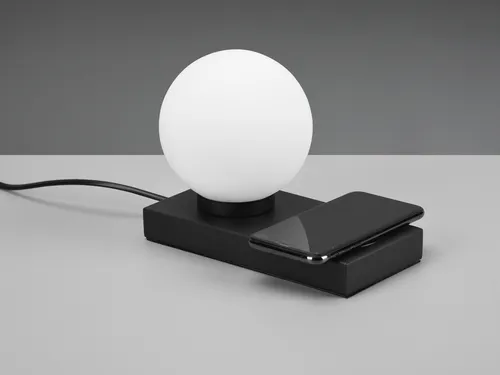 LED Tischlampe mit induktiver Ladestation, 12cm - Moderne Tischlampe mit kugelförmigem Schirm (Ø 12cm) und eckigem Fuß (20 x 10cm). Sie kombiniert stilvolles Design mit einer praktischen induktiven Ladestation für Smartphones. Ideal für Schreibtisch, Nachttisch oder Fensterbank.