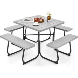 COSTWAY Sitzgarnitur für 8 Personen mit Schirmloch, Gartentisch Grau - Ideal für gesellige Outdoor-Treffen! Der quadratische Tisch mit 4 Bänken bietet Platz für bis zu 8 Personen und ist aus wetterbeständigem HDPE gefertigt. Das integrierte Schirmloch sorgt für Schatten und Komfort beim Essen im Freien.