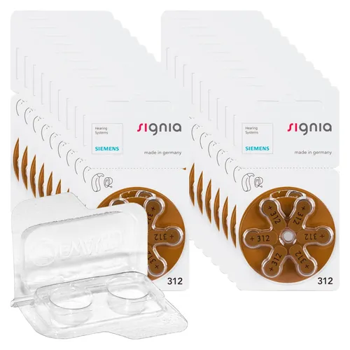 Siemens Signia Hörgerätebatterien PR41 braun 312 + Transportbox f. 2 Zellen 120