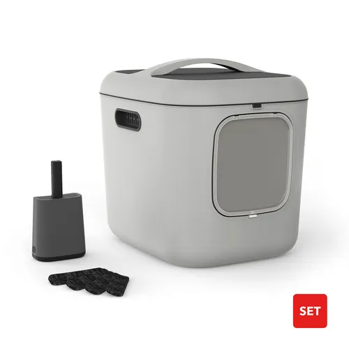 Rotho Katzentoilette mit Haube Bea XL – 61,4 x 49,5 x 57,3 cm – 13,5 cm Einstieg – großes Katzenklo mit Filter, Schaufel & Magnetklappe – geruchsdicht & recycelter Kunststoff