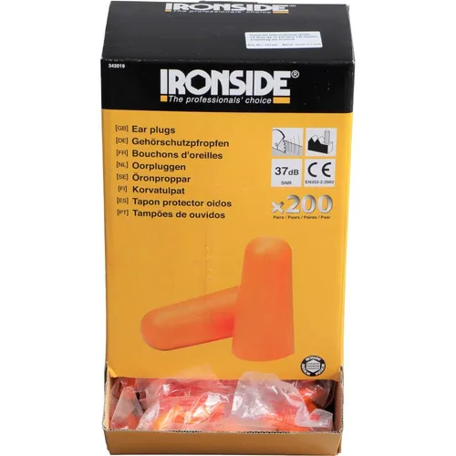 IRONSIDE Ohrstöpsel 200 Paar - Effektiver Gehörschutz - Gehörschutz mit 200 Paar Ohrstöpseln, orange, SNR 37 dB, ideal für laute Umgebungen und perfekten Komfort.