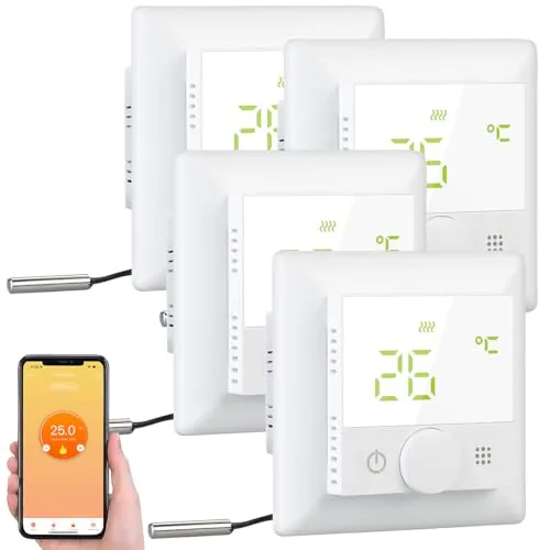 revolt Thermostat Elesion: 4er-Set WLAN-Fußbodenheizungs-Thermostat. Sprachsteuerung, App, weiß (Raumthermostat Fußbodenheizung, Raum-Thermostat, Infrarotheizung)