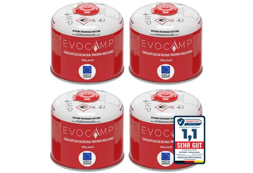 EVOCAMP Gaskartusche Butan Propan 300g, Schraubventil passend für Weber Q100/1200, Zubehör für Campingkocher, Gaskocher, Bunsenbrenner, Lötbrenner, Gasgrill, Gaslampe, 4 St., Einweg, 300 g, EN 417, Sicherheitsventil