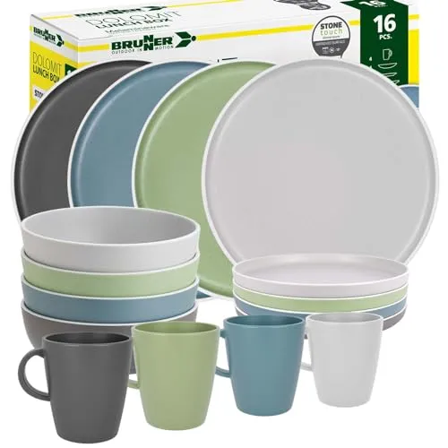 BRUNNER Melamin Geschirr-Set Camping | 16-teilig für 2-4 Personen - Hochwertiges, kratzfestes Melamingeschirr für Camping, Picknick und Grillen. Mit Anti-Rutsch-Ringen für Stabilität und Geräuschreduzierung. Spülmaschinenfest und BPA-frei.