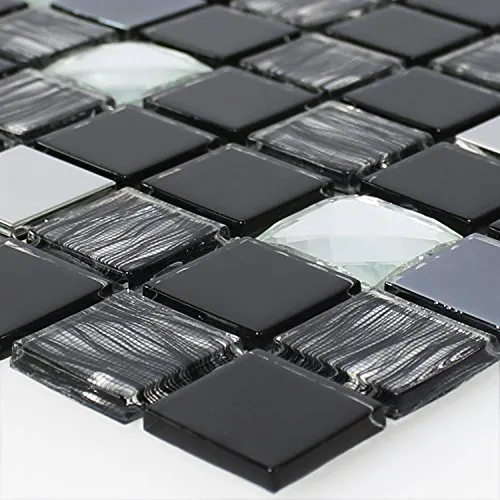 Glas Edelstahl Mosaik Fliesen Selbstklebend Schwarz Silber in schwarz von Mosafil