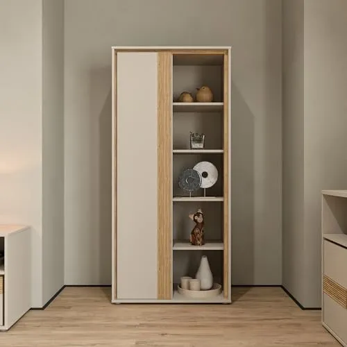 Forte WEXLIN Regal 75 80, modernes Standregal mit 1 Tür - Praktisches Standregal mit 8 Regalböden für optimale Stauraumgestaltung. Ideal für Kinder- und Jugendzimmer, vereint stilvolles Design und hohe Funktionalität in Kaschmir-Beige und Mauvella Eiche.
