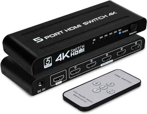 TCNEWCL HDMI Switch 5 in 1 Out 4K, HDMI Umschalter Switcher Selector 5 Port Video Umschaltpulte mit IR Fernbedienung Unterstützung UHD 3D für PS4 Xbox Blu-Ray-Player TV DVD