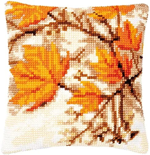 Vervaco PN-0188576 Kreuzstichkissenpackung Herbstblätter - Kreativkästen mit handbemaltem Stramin und hochwertigem Garn, ideal für kreative Herbstprojekte – perfekt für DIY-Fans!