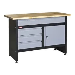 STIER Werkbank Basic 1200x600x840 mm - Standardwerkbank mit 30mm starker Kautschukholz-Arbeitsplatte, optimal für Werkstätten. Bietet großzügigen Stauraum mit 3 kleinen und 1 großen Schublade sowie einer verschließbaren Tür.