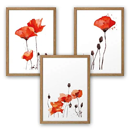 Kreative Feder 3-teiliges Premium Poster-Set | Mohnblumen | Deko Bild für Ihre Wand | optional mit Rahmen | Wohnzimmer Schlafzimmer Modern Fine Art | DIN A4 / A3 (A4, natur Rahmen)