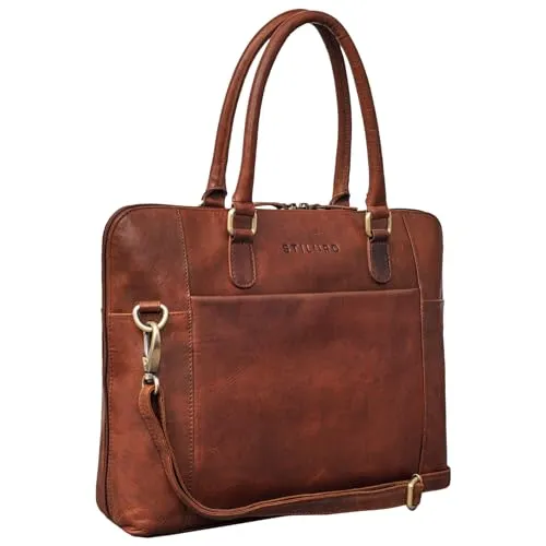 STILORD Latoya Arbeitstasche elegant Leder Bürotasche Aktentasche Damen Herren Henkeltasche Vintage Echtleder aufsteckbar Farbe:Porto - Cognac