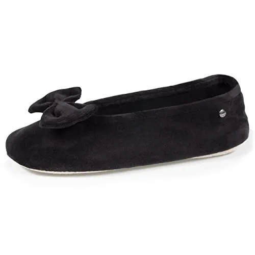 Isotoner Hausschuhe Ballerinas für Damen mit großer Schleife, Schwarz - Damen-Ballerinas in Schwarz mit großer Schleife, ideal für gemütliche Abende zu Hause und optimalen Komfort.