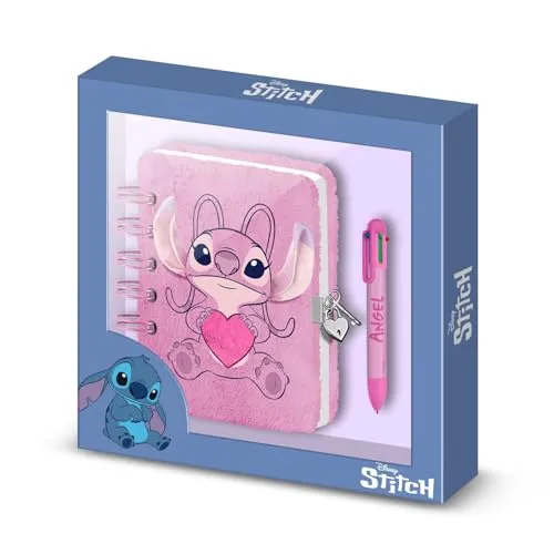Disney Lilo und Stitch Angel Heart-Set mit Plush-Tagebuch + 6-Farb-Kugelschreiber, Rosa