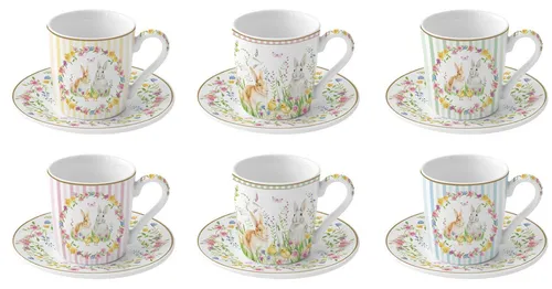 EasyLife Espressotasse EAST0126 - Happy Easter, 6er SET - Espressotassen-Set mit Untertassen, ideal für österliche Kaffeetafeln, 100 ml Fassungsvermögen.