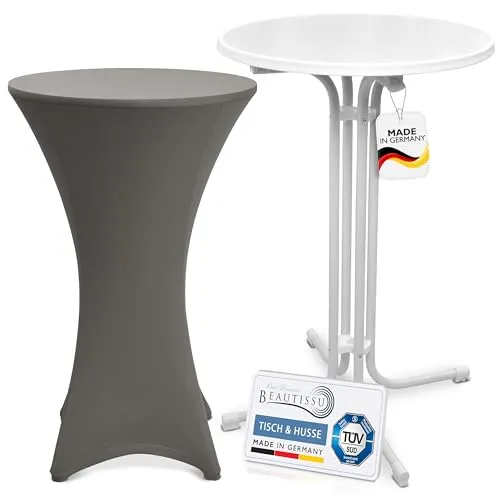 Beautissu Weißer Outdoor Stehtisch klappbar mit Husse 70 cm Anthrazit – Wetterfester Partytisch Sylt + Stretch Stehtischhusse Stella – Platzsparender Bistrotisch Gastro-Qualität TÜV Made in Germany