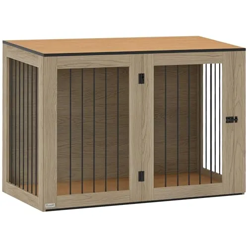 PawHut Hundekäfig – Moderne Stahl Hundebox für große Hunde - Hundeboxen für große Hunde bis 30 kg, modernes Design in Holzoptik, stabil und sicher mit verriegelbaren Türen für zusätzlichen Schutz.