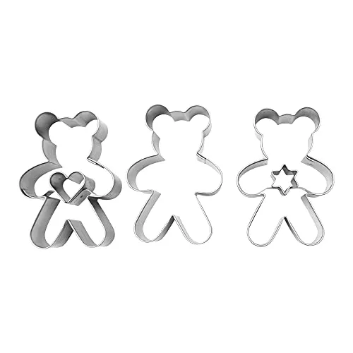 BekkiB 7797-3er Ausstecher-Set Teddybär - Teddy-Ausstechformen mit Innenteil aus Herz und Stern - Linzer Plätzchen