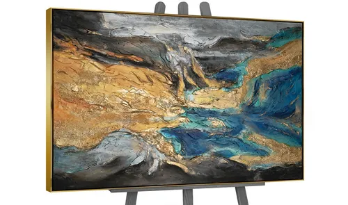 YS-Art Gemälde Abstrakte Symphonie, Abstraktion, Abstraktes Leinwandbild in Schwarz, Blau, Gold gerahmt