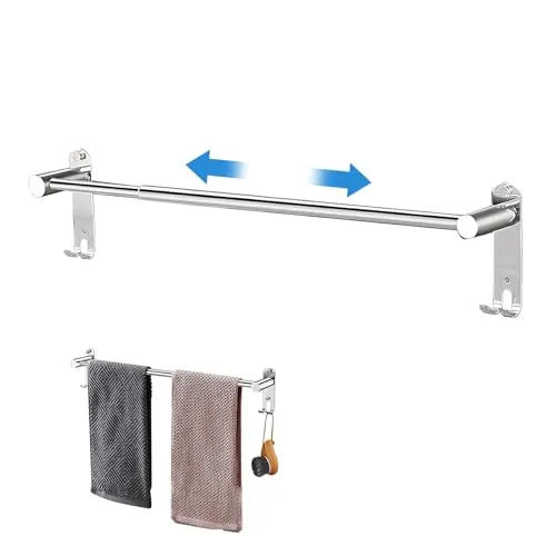 Wisebom Handtuchstange Edelstahl Ausziehbar 43–75cm, Handtuchhalter mit Haken Schrauben Kleber, Silber Wandmontage Badetuchhalter Handtuch Halterung für Badezimmer Küche
