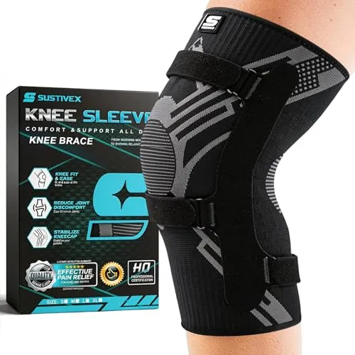 SUSTIVEX Kniebandage, Verstellbarer Kompression Kniebandage, Mit seitlichen Stabilisatoren und dreifachem Riemendruck – Sicherer Halt, Rutschfest, Knee Pads für Jede Sportart (Schwarz,M)