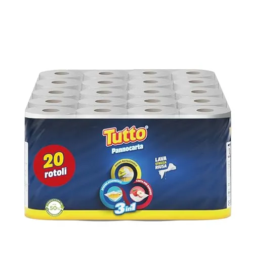 Tutto Pannocarta 3 in 1, 20 Mehrzweck-Papierrollen, 1 Schicht, 48 Risse, extra saugfähig, waschbar und mehr als 20 Mal wiederverwendbar, 100% Made in Italy