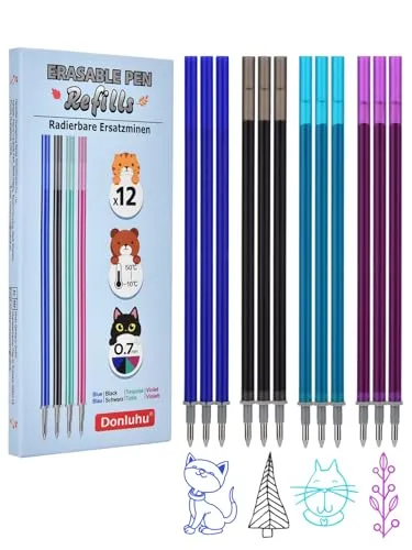 Donluhu Ersatzminen, [3 Blau, 3 Schwarz, 3 Türkis, 3 Violette, 12er Pack], Höhe 13 cm, Kompatibel mit Legami und anderen Marken, die ​Standard-13cm-Minen​ verwenden, Stiftspitze 0,7mm