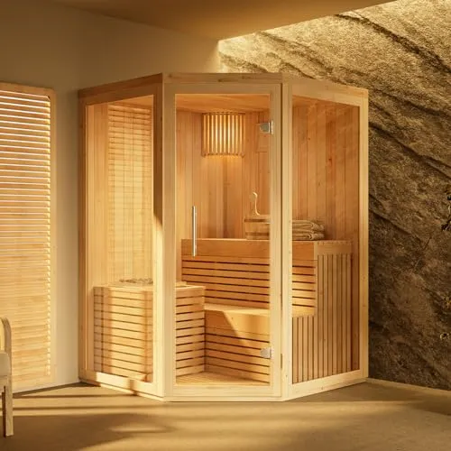 FinnTherm Innensauna Ylva, Ecksauna für 2 Personen mit Glasfront