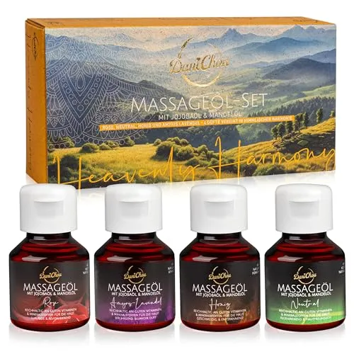 DaniChou Heavenly Harmony Massageöl Set – 4x 50 ml - Erotik-Massageöle – Luxuriöses Set mit pflegendem Jojoba- und Mandelöl, ideal für entspannende Massagen und sinnliche Wellness-Erlebnisse.